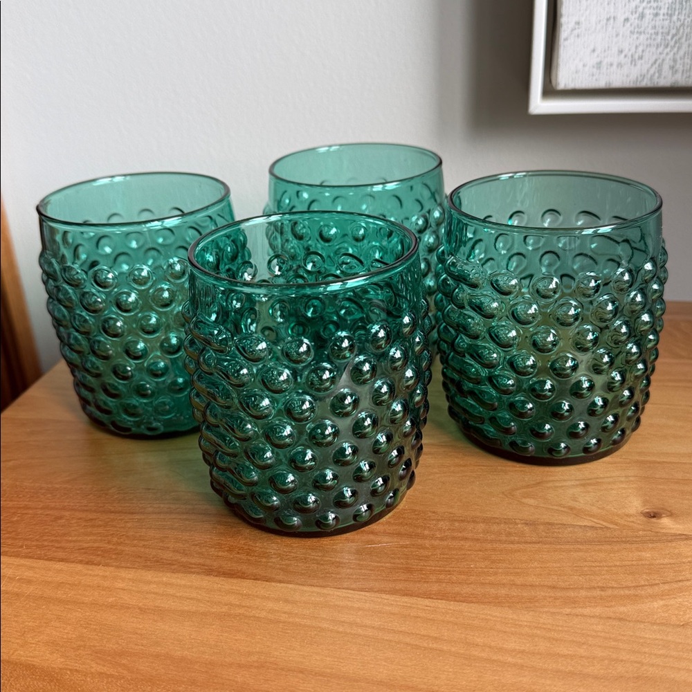 Vintage Anchor Hocking Teal Hobnail Juice Tumblers Set of 4 MCM Rare Aqua Glass
